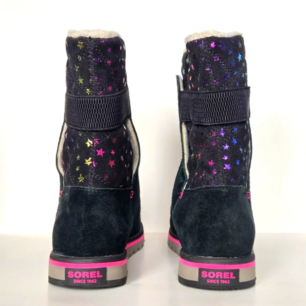 Sorel Rylee Waterproof Black Suede Warm Lined Pink Stars Toddler Girl Sz 5 Boots - Picture 3 of 8